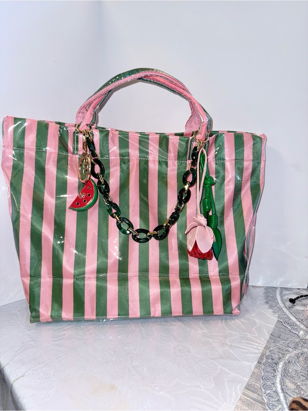 Striped Pink and Green Tote Bag with Decorative Charms